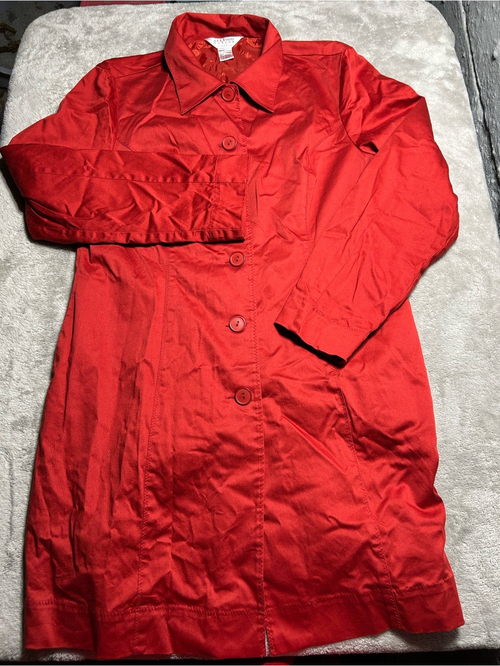 Allison Taylor Cherry Red Stretch Cotton Button Down Trench Coat Jacket 16